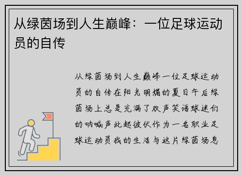 从绿茵场到人生巅峰：一位足球运动员的自传